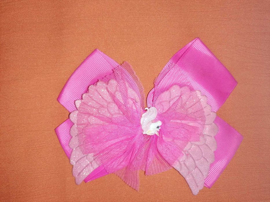 Zapinka do włosów złoto-czerwona kokarda z brokatem. Spinka