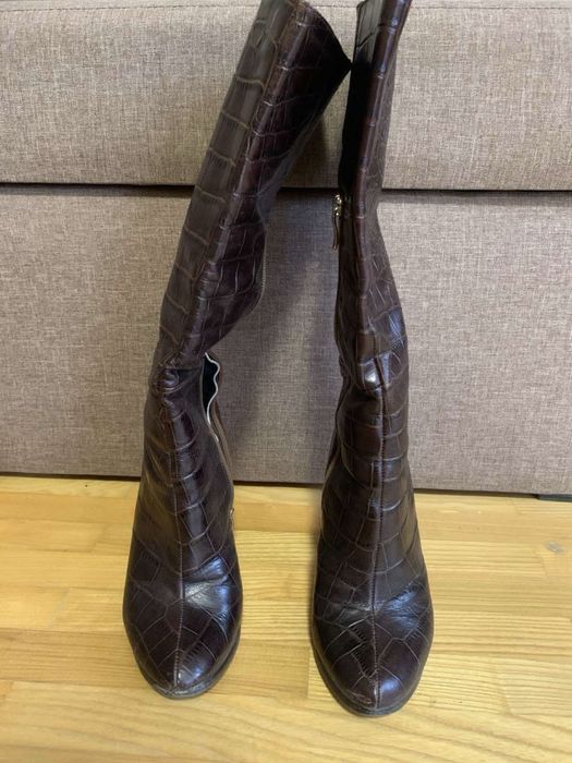 Шоколадні шкіряні  кожані сапоги ботфорти натурал щамша чорні зимні