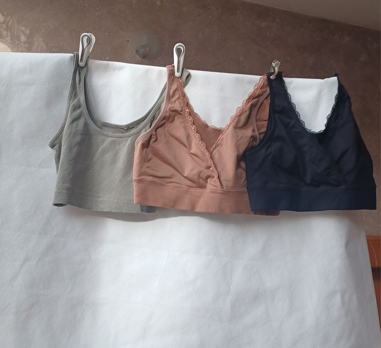 Topy top komplet czarny brązowy zielony XS 34 S 36 rozciągliwe crop