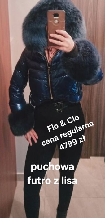 Niebieska kobaltowa chabrowa kurtka Flo &Clo puchowa futro lis