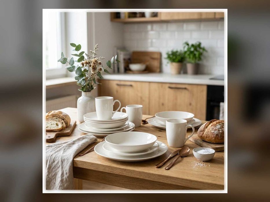 Nowy Serwis Obiadowy Porcelanowy 16 El Na 4 Osoby Kremowy Z Kubkami