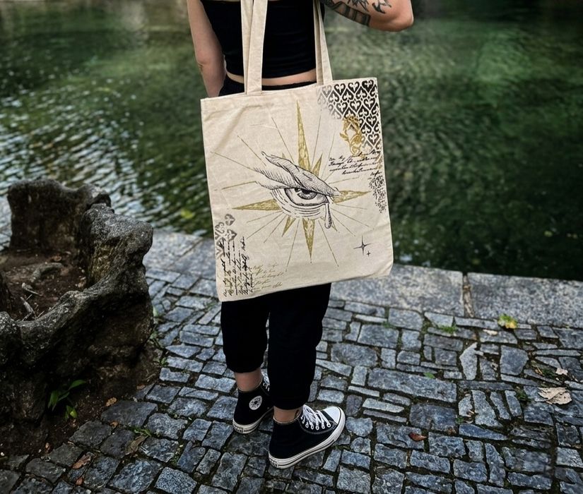 Saco de lona/totebag esotérico pintado à mão