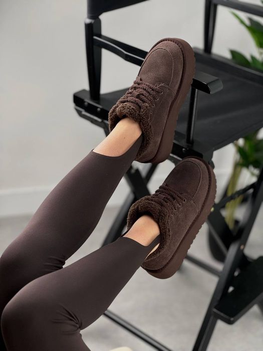 Женские замшевые угги лоферы на шнурках