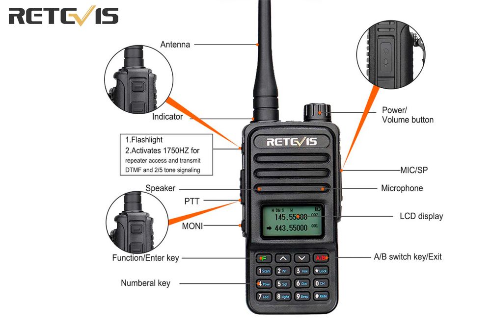 Rádio Retévis RT85 de Banda Dupla com 5 wats