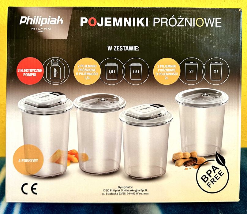 Philipiak Milano – zestaw pojemników próżniowych, NOWY, 4 szt. + 2 elektryczne pompki