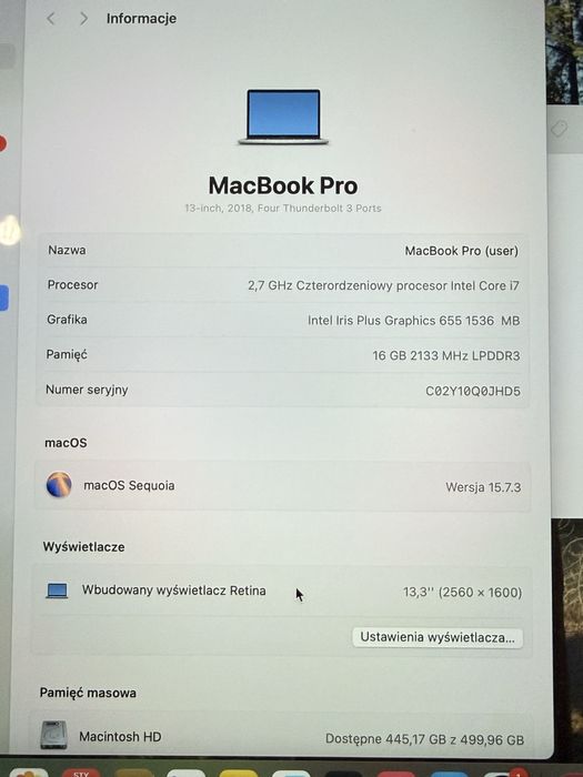 Nowa bateria MacBook Pro A1989 Intel core i7 16 GB RAM 512 GB SSD 18”