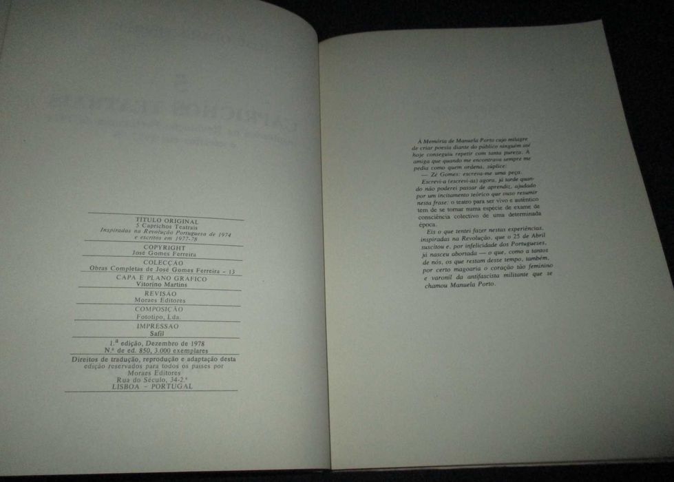 Livro 5 Caprichos Teatrais José Gomes Ferreira 1ª edição 1978