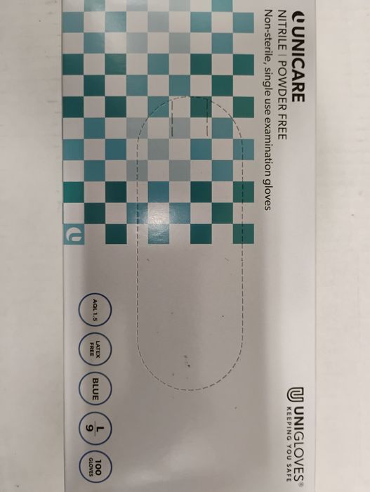 Rękawiczki nitrylowe Unigloves UNICARE Blue, bezpudrowe, rozmiar L/9, 10x100 WYSOKA JAKOŚĆ