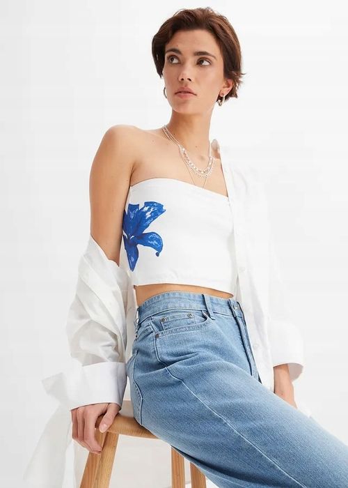B.P.C top bandeau bawełniany biały z niebieskim nadrukiem 36/38.