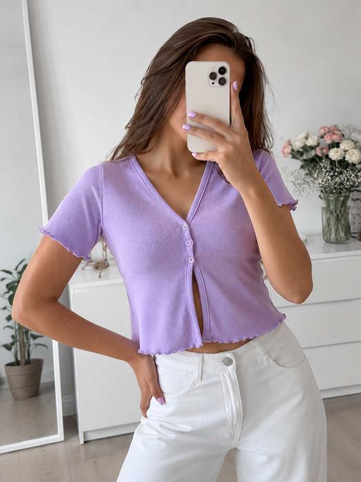 Lawendowa bluzka w prążek z falowanym dołem 25% cotton