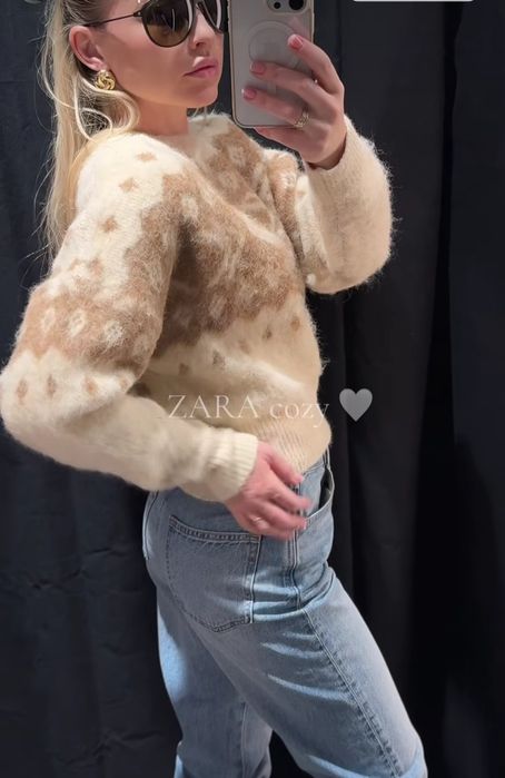 Zara sweter z mechatej dzianiny s 36 kremowy norweski print