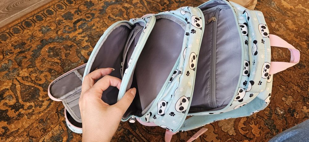 Plecak piórnik loozz panda turkus usztywniane plecy lekki trzykomorowy