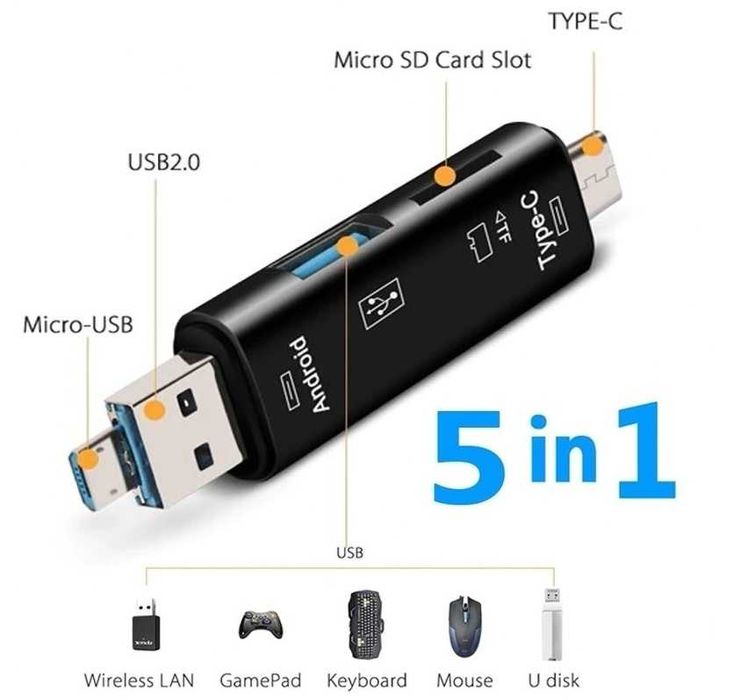 OTG Адаптер 5 в 1 для подключения к телефонам флешек и карт памяти
