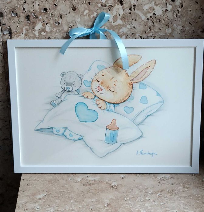 Акварельна картина до дитячої кімнати "Зайчик спить"