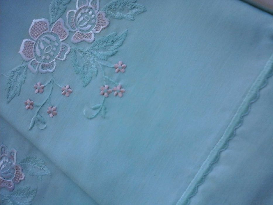 LENÇÓIS de LINHO Bordados, Cama Solteiro, VERDE Marinho Claro- NOVOS!