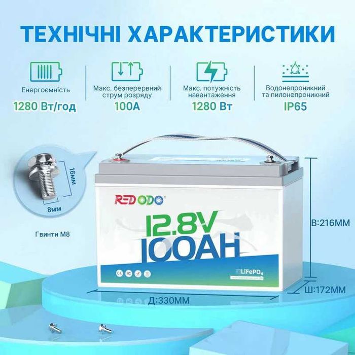 Redodo 12V 100Ah аккумулятор LiFePO4 глибокого циклу BMS 100A