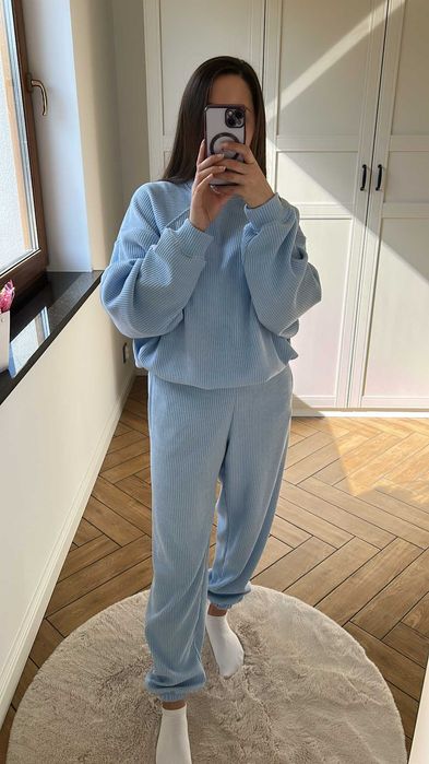 Komplet damski sztruksowy gruby prążek niebieski M 36 Lenoshka