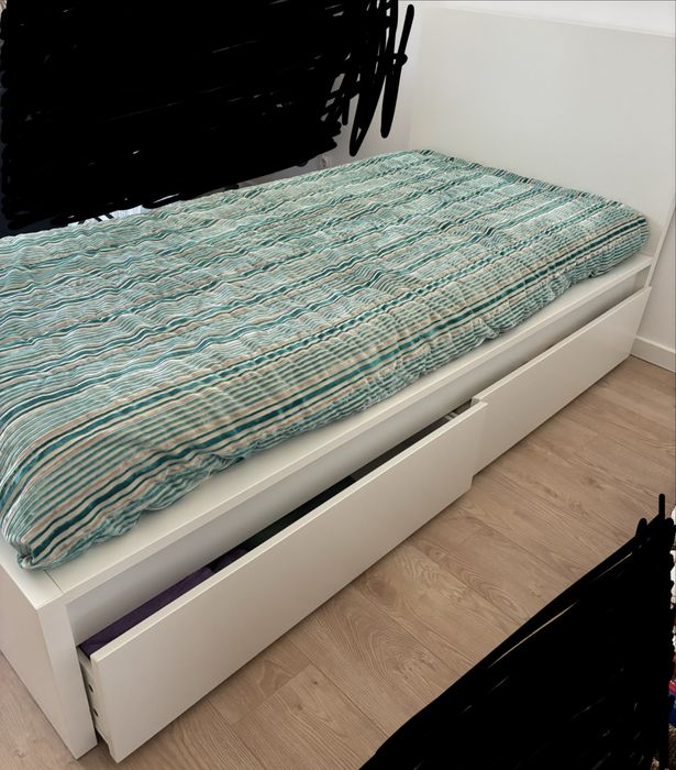 Cama solteiro IKEA MALM branca + colchão + estrado + 2 gavetões