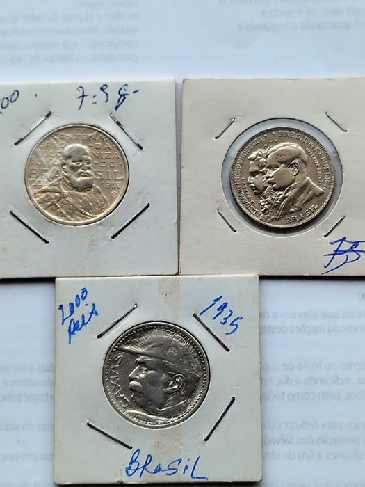 Três Moedas Comemorativas Brasil Prata 2000 Réis