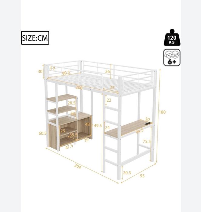 Cama Alta com escadas verticais, secretária e arrumação por baixo