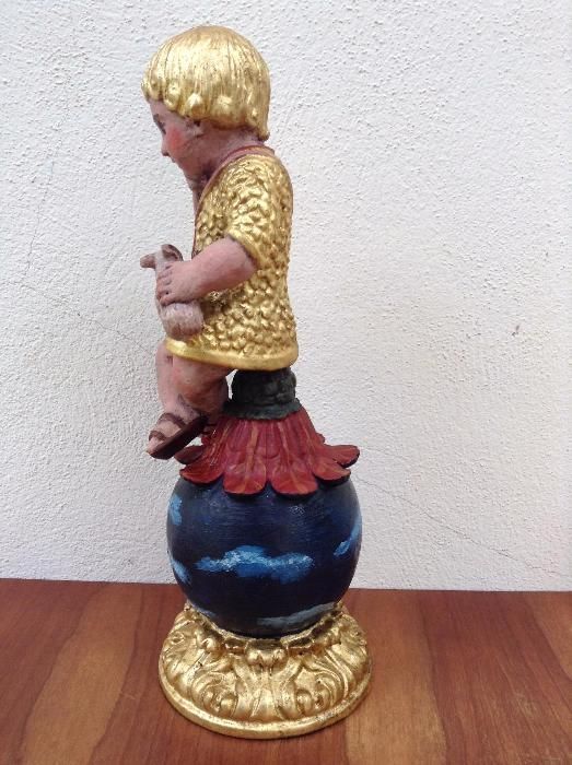 Imagem Menino Jesus Bom Pastor em madeira com pintura + base