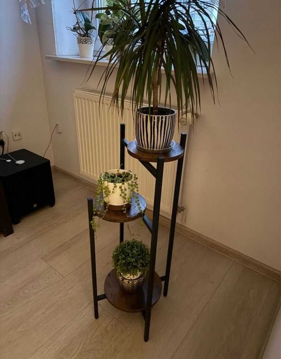 Kwietnik stojący metalowy 80 cm – postarzany dąb, NOWY