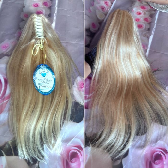 Натуральный хвост шиньон на крабе заколке славянка волосы блонд 45 см