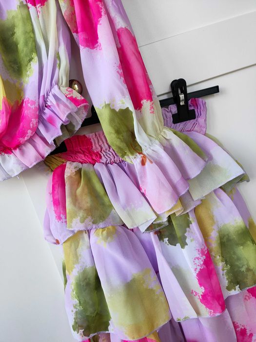 Komplet spódniczka + bluzka hiszpanka falbany boho lila S M L