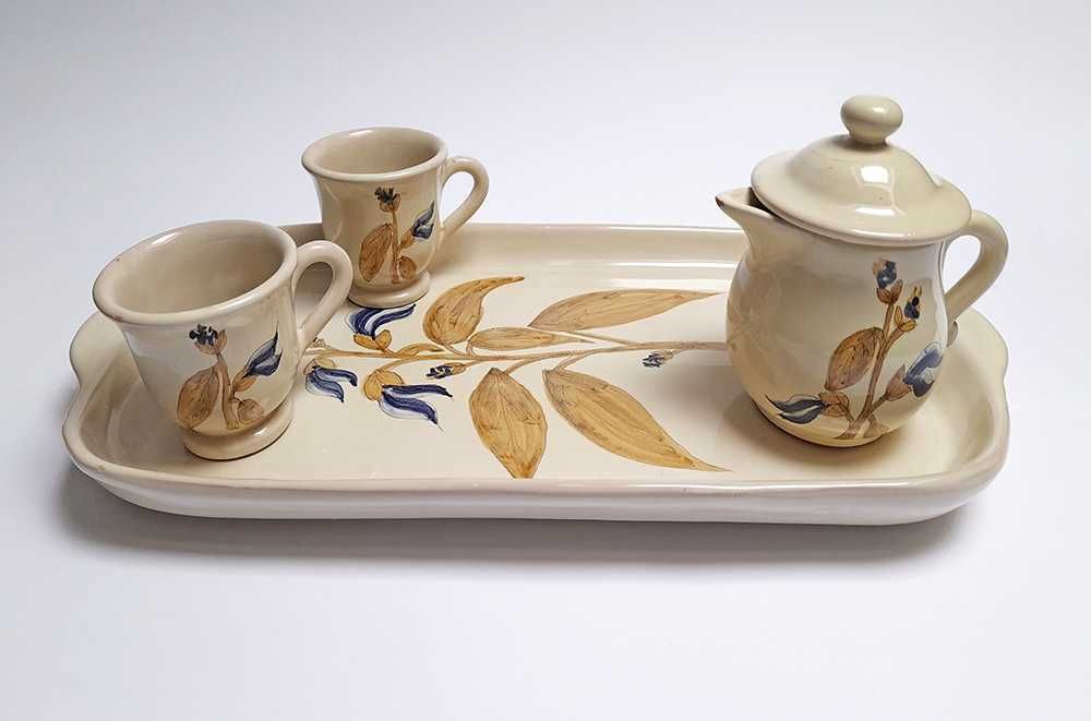 Serviço 2 Chávenas Café Bandeja Bule Flor Pintado à Mão