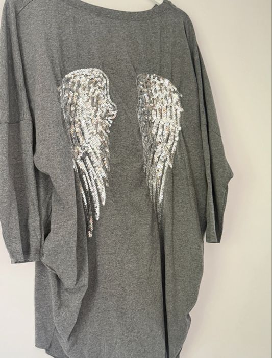 bluza tunika szara skrzydla na plecach cekinowe L 40 oversize made in italy