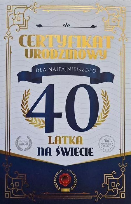 Karnet Certyfikat Urodzinowy 40 urodziny męskie. Yeku