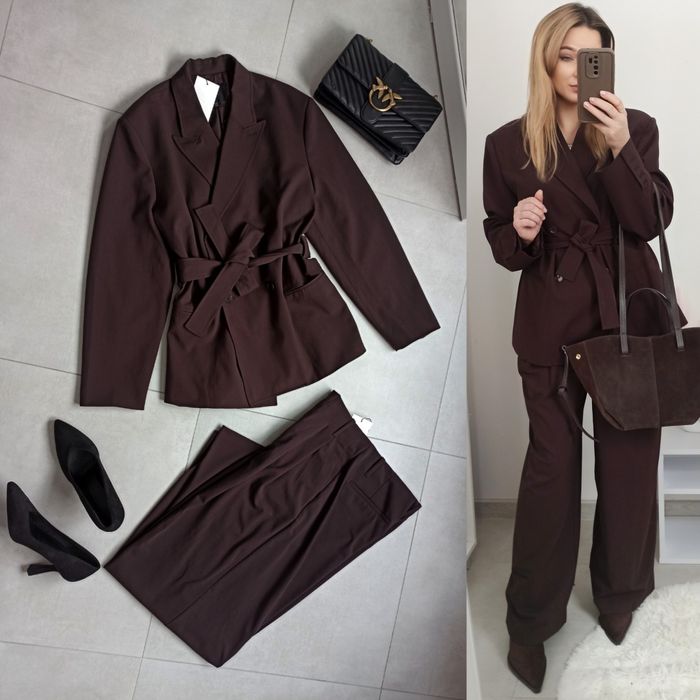 Zara garnitur czekoladowy brązowy spodnie marynarka wiązana s 36