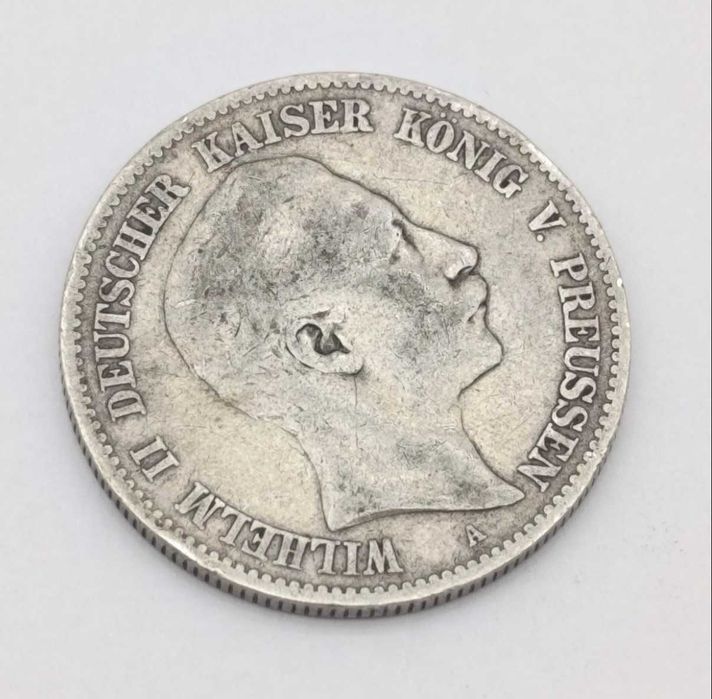Moeda de 2 marcos em prata alemã de 1896 – Prússia – Kaiser Guilherme II – Deutsches Reich – 90% prata