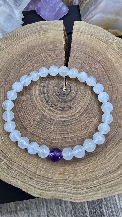 Браслет з натурального каміння - Місячний камінь (Адуляр) з Аметистом