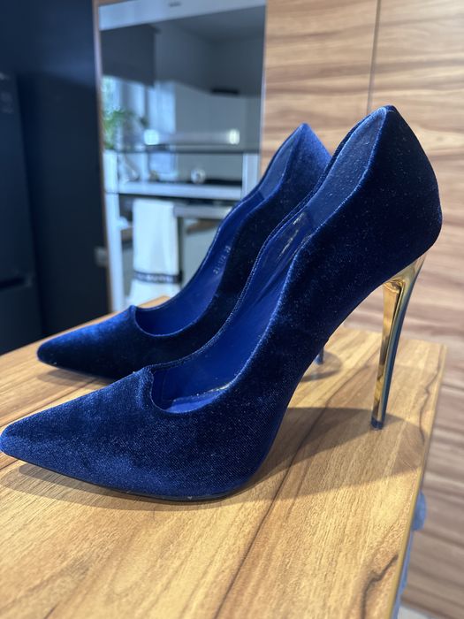 Szpilki szpila granatowe złote welur 39 j. Nowe