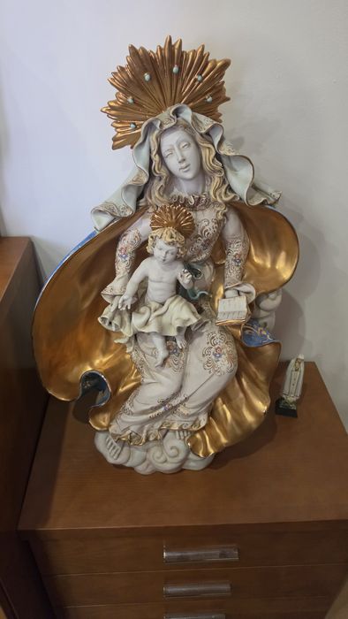 Magnífica Imagem Sacra Vintage - Terracota e Ouro - Itália, c. 1950