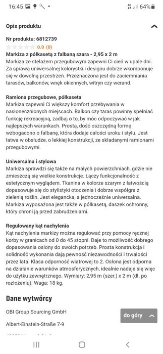 Markiza z półkasetą z falbaną Szara 2,95 na 2 m