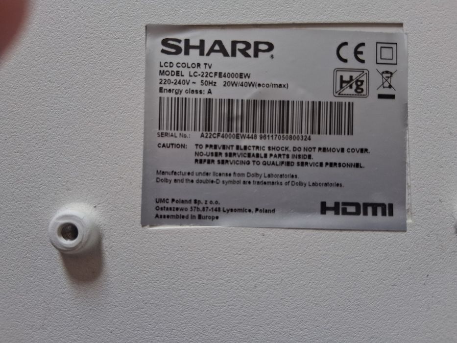 Telewizor Sharp LCD model: 22CFE4000EW - biały