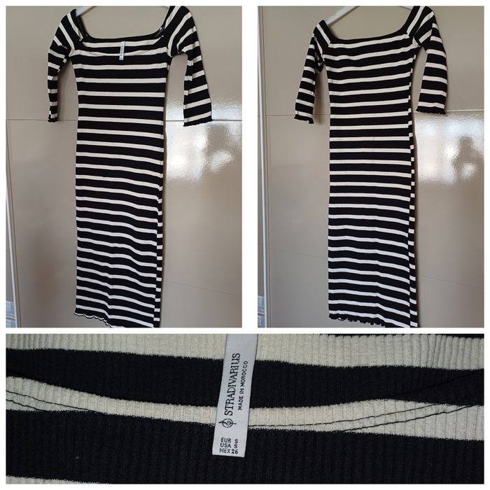 Vestido às riscas, comprido.