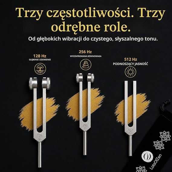 Zestaw 3 kamertonów 128 Hz, 256 Hz i 512 Hz z młotkiem.