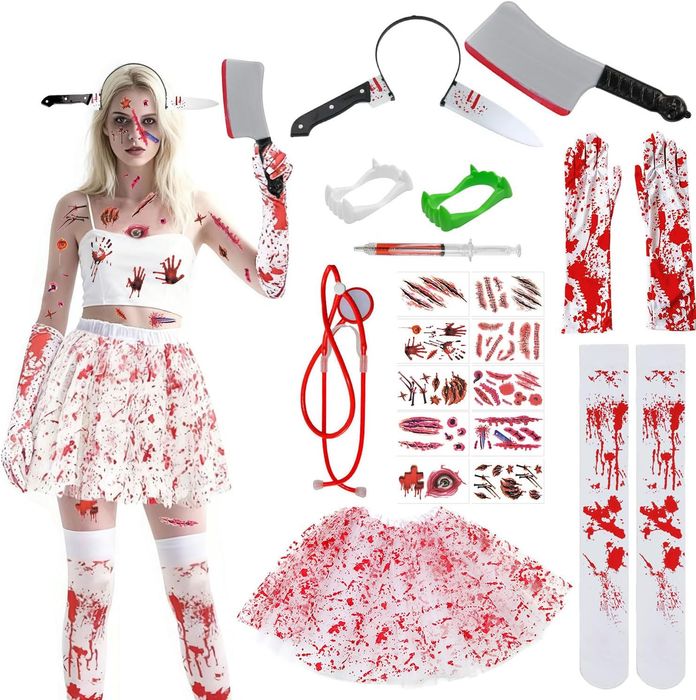 Kostium Zombie Halloween - Zestaw 18 el., Czerwony