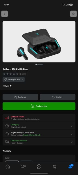 Słuchawki bezprzewodowe bluetooth A4Tech TWS M70 Blue