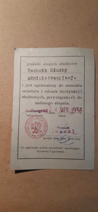 stara legitymacja stopnia służbowego umowny księgowy 1956r