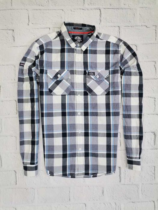 rękaw szyi 85cm SUPERDRY Tall slim krata M/L szer56/dł76cm  vintage