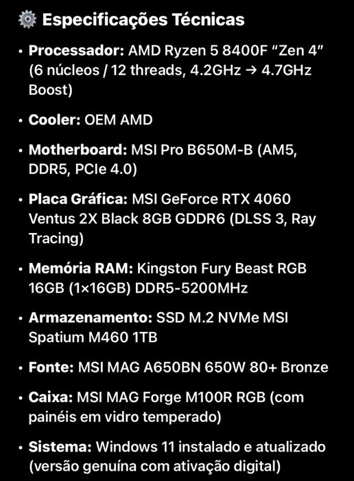 PC Gaming RTX 4060 + Monitor 180Hz | Setup Completo | Como Novo
