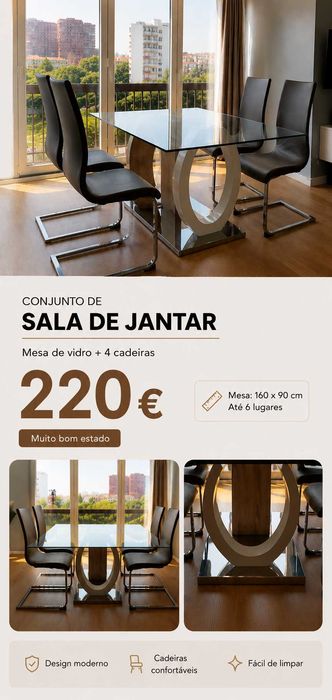 Conjunto Sala de Jantar – Mesa de Vidro 160x90 cm + 4 Cadeiras – 220€