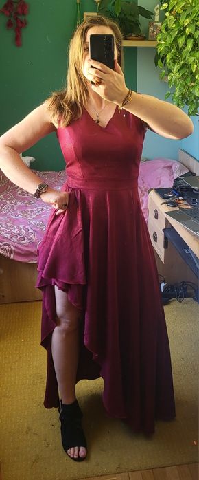 Suknia wieczorowa bordowa maxi asymetryczna rozmiar M duet A&M