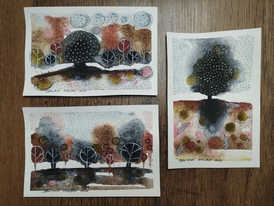 Tryptyk akwareli "Pejzaż abstrakcyjny" 14.7 na 21 cm