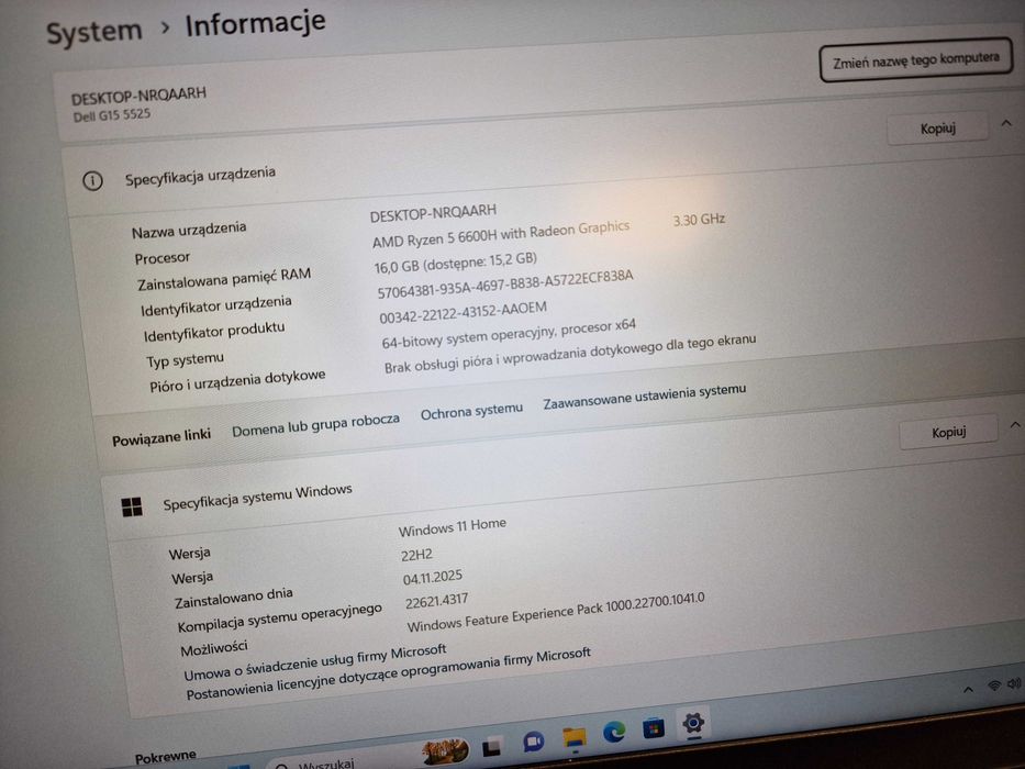 DELL G15 5525/ R5 6600H/ 16GB DDR5/ 512GB/ RTX3050 4GB/ czytaj uważnie