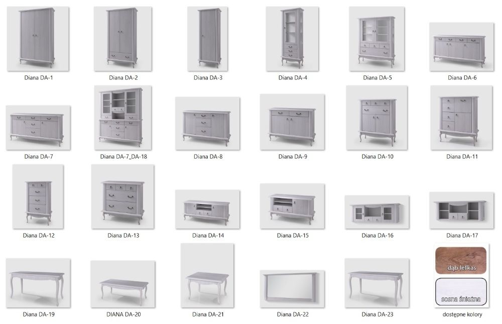 Zestaw białych lub brązowych mebli do salonu Diana, styl prowansalski